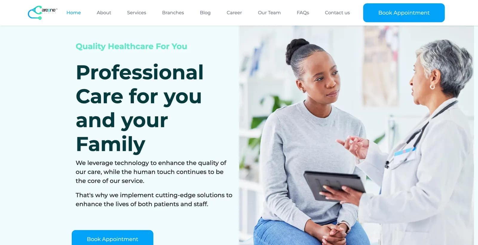 CareOne Clinics landing page.