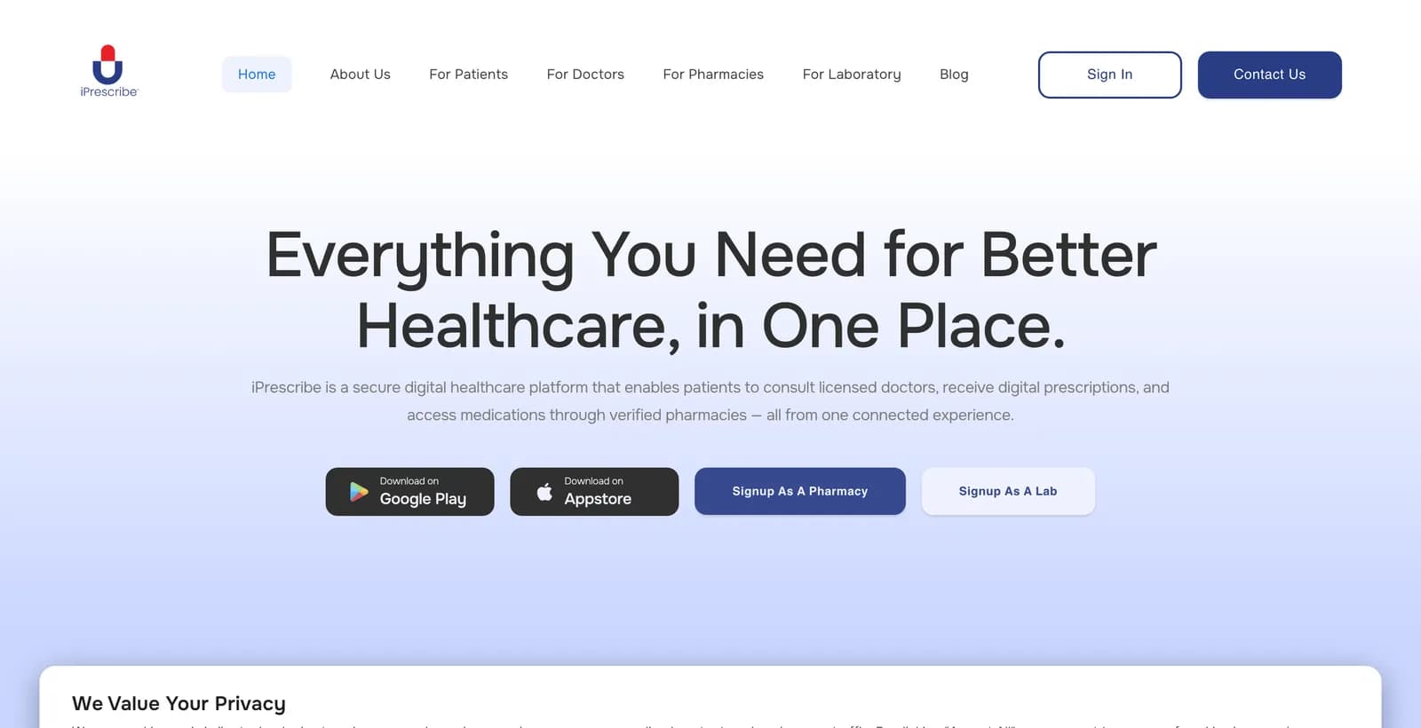 iPrescribe landing page.